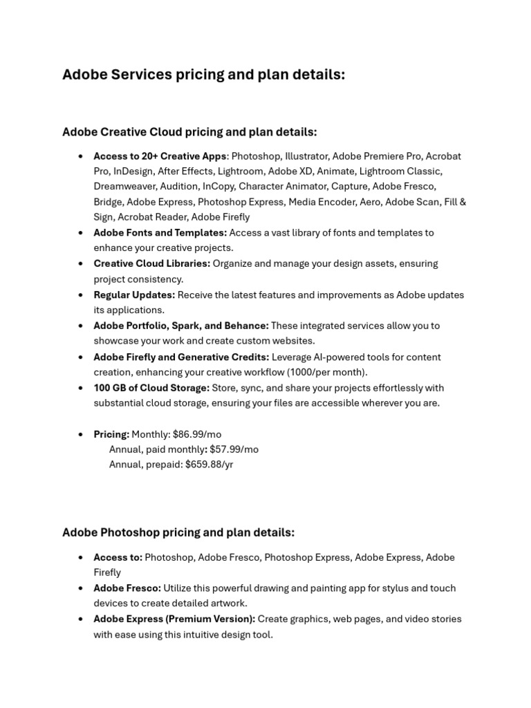 Adobe Services Pricing and Plan Details | PDF | Adobe Illustrator ...