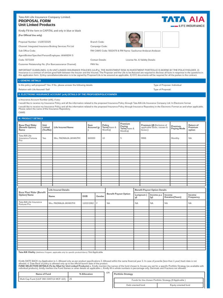 Tata AIA Life Insurance Proposal Form | PDF | Insurance | Life Insurance
