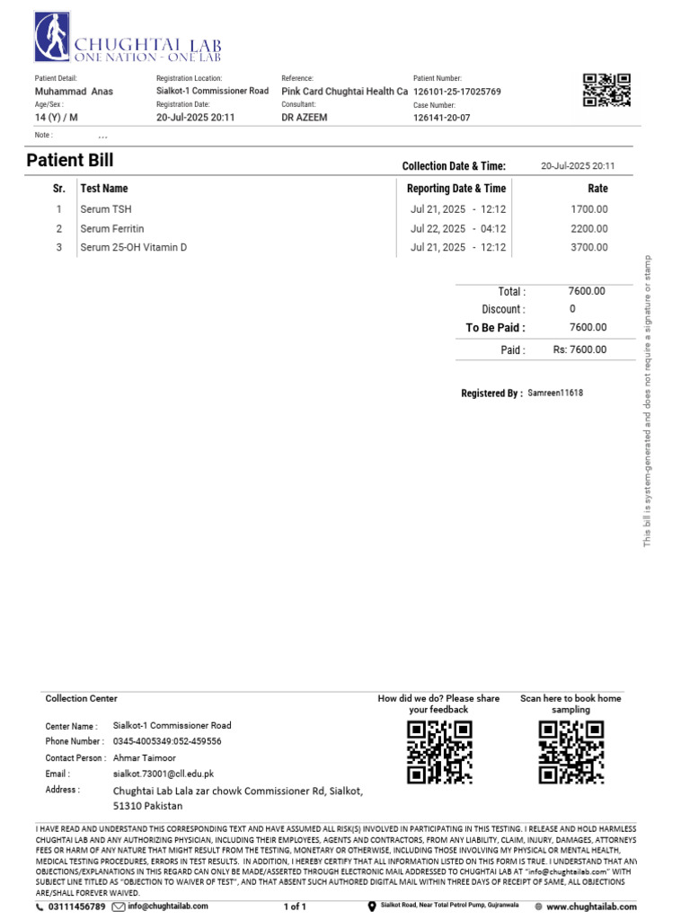 Patient Bill for Lab Tests - July 2025 | PDF