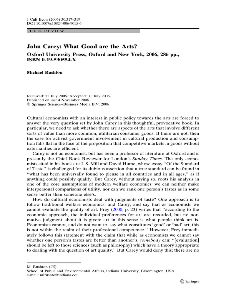 Evaluating the Value of the Arts | PDF | Economics | Welfare Economics