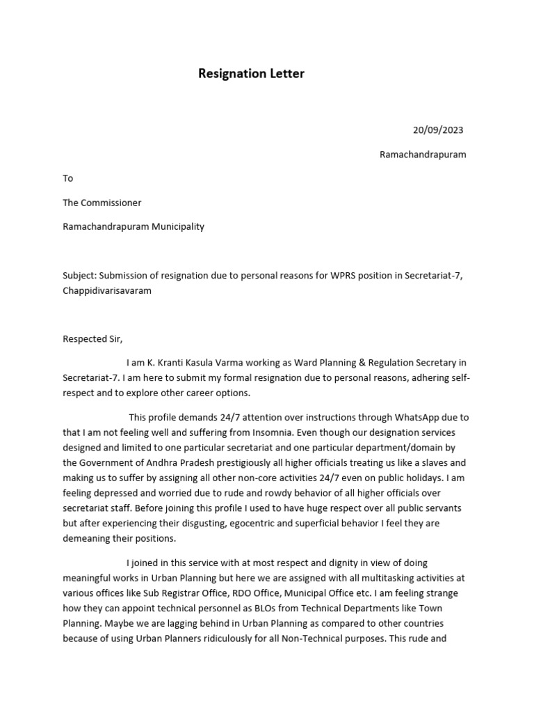 Resignation Due to Work Conditions | PDF | The Honourable