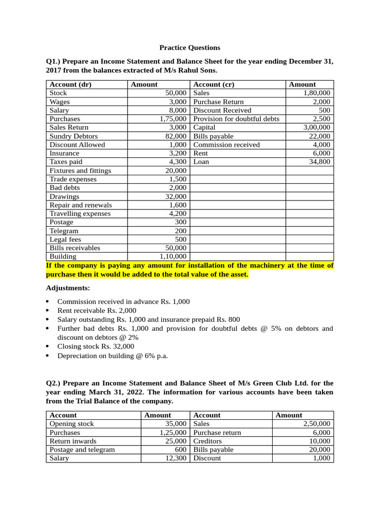 Income Statement & Balance Sheet Practice | PDF | Debits And Credits ...