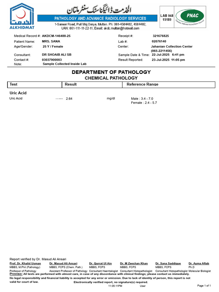 Uric Acid Test Report for Mrs. Sana | PDF