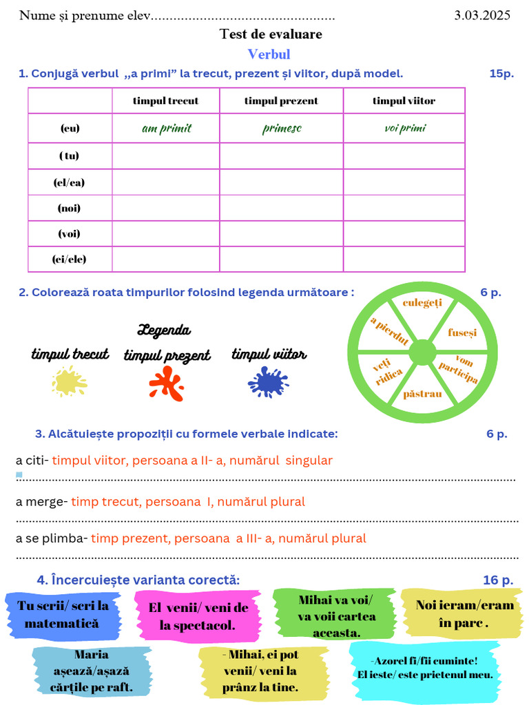 Test de Evaluare Verbul | PDF