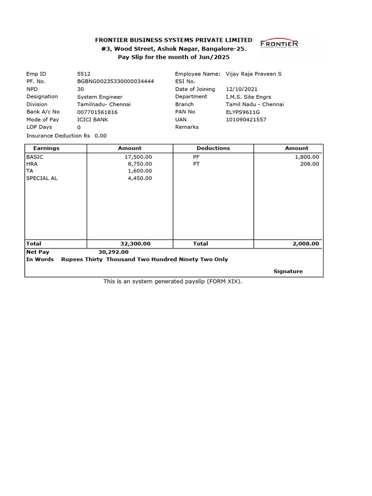 June 2025 Pay Slip for System Engineer | PDF