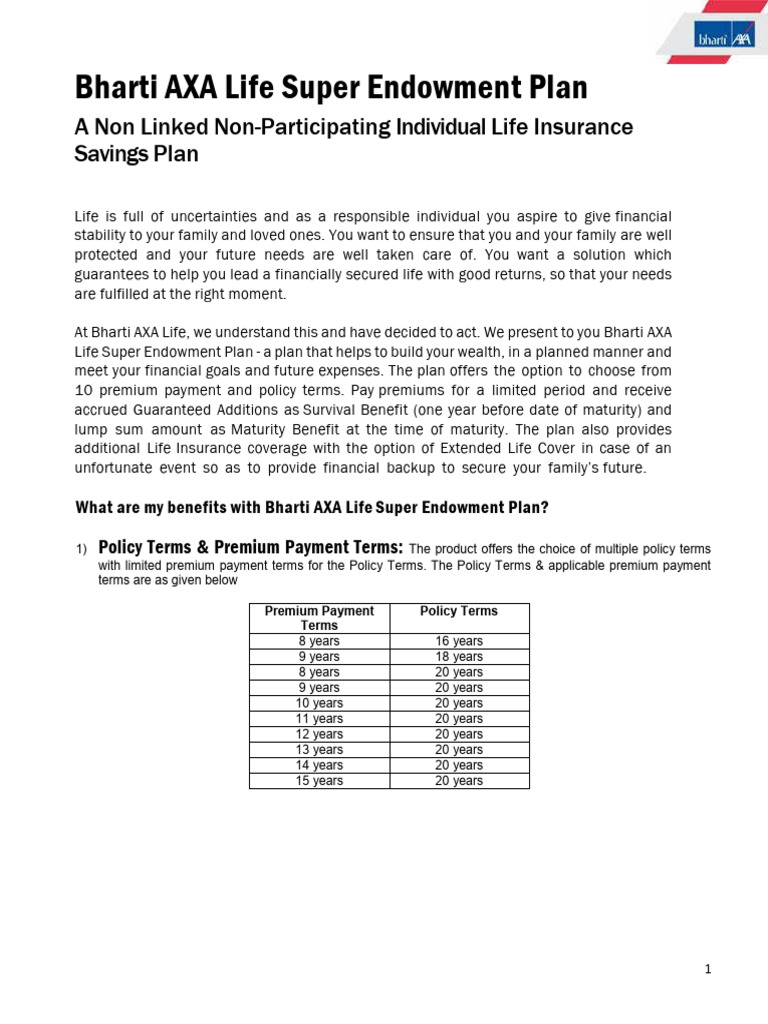 Bharti AXA Life Super Endowment Plan | PDF | Insurance | Interest