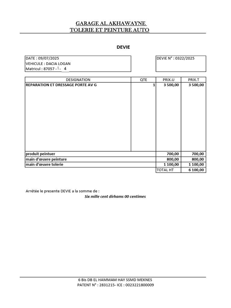 Devis Réparation Dacia Logan | PDF