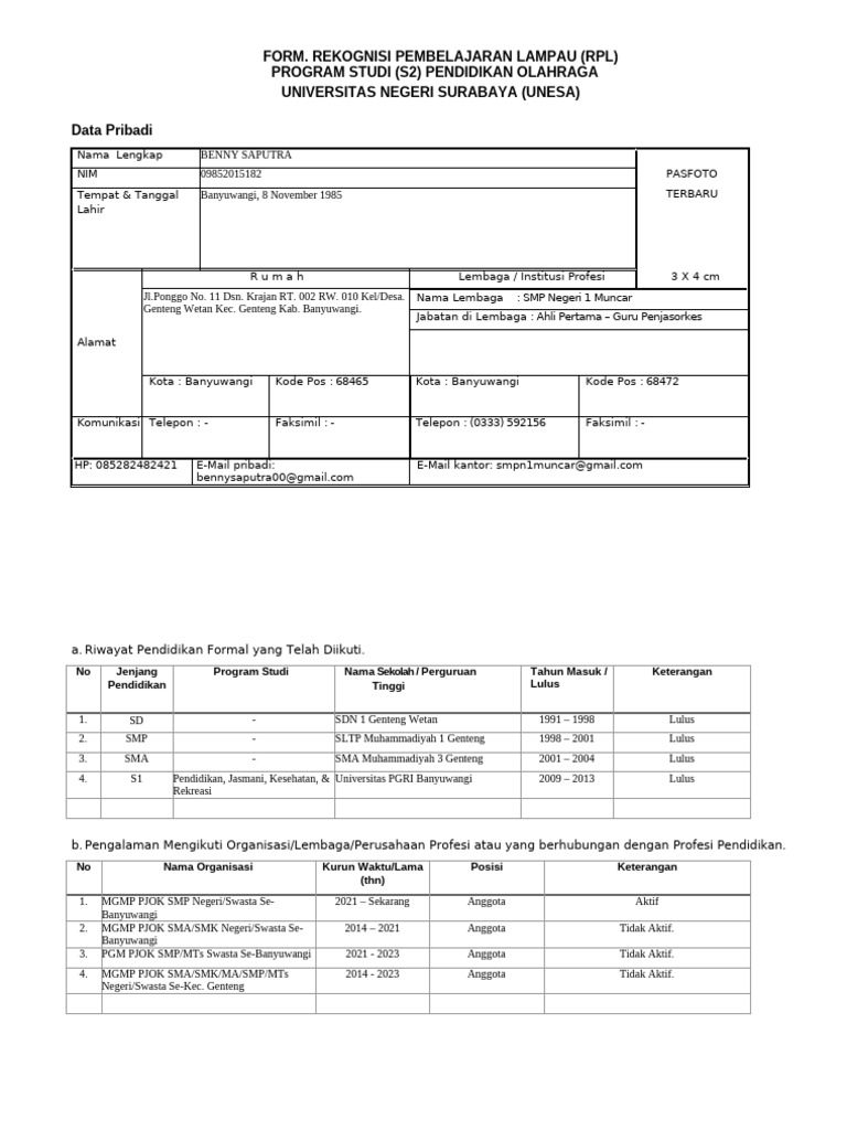 Formulir RPL S2 Pendidikan Olahraga | PDF