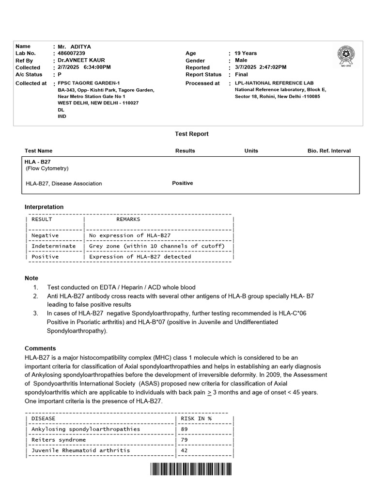 HLA-B27 Test Report for Aditya | PDF | Immunology | Medical Specialties