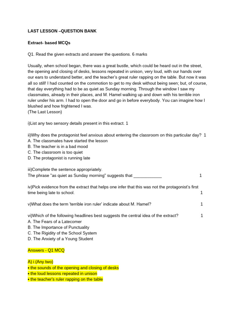 Last Lesson Question Bank MCQs & Answers | PDF