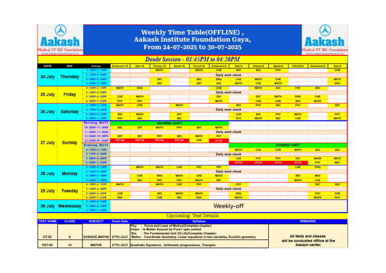 Aakash Institute Weekly Timetable 2025 | PDF | Mathematics | Algebra