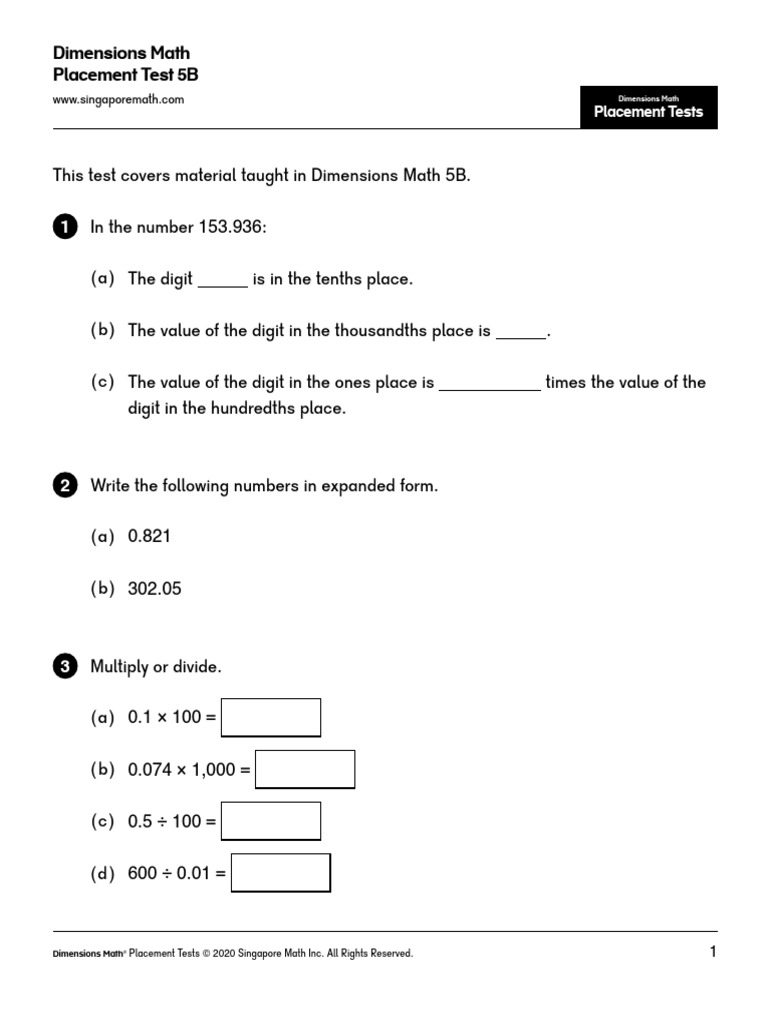 Dimensions Math Placement Test 5B | PDF | Mathematical Concepts ...