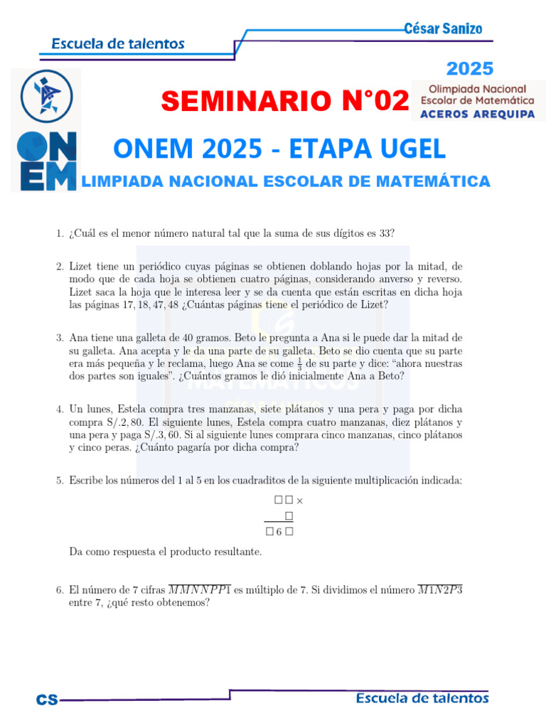 Problemas del Seminario ONEM 2025 | PDF | Matemática Elemental | Aritmética