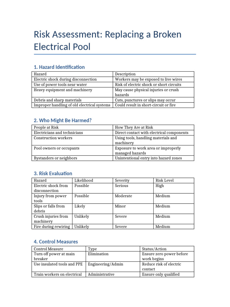Electrical Pool Repair Risk Assessment | PDF | Risk | Hazards