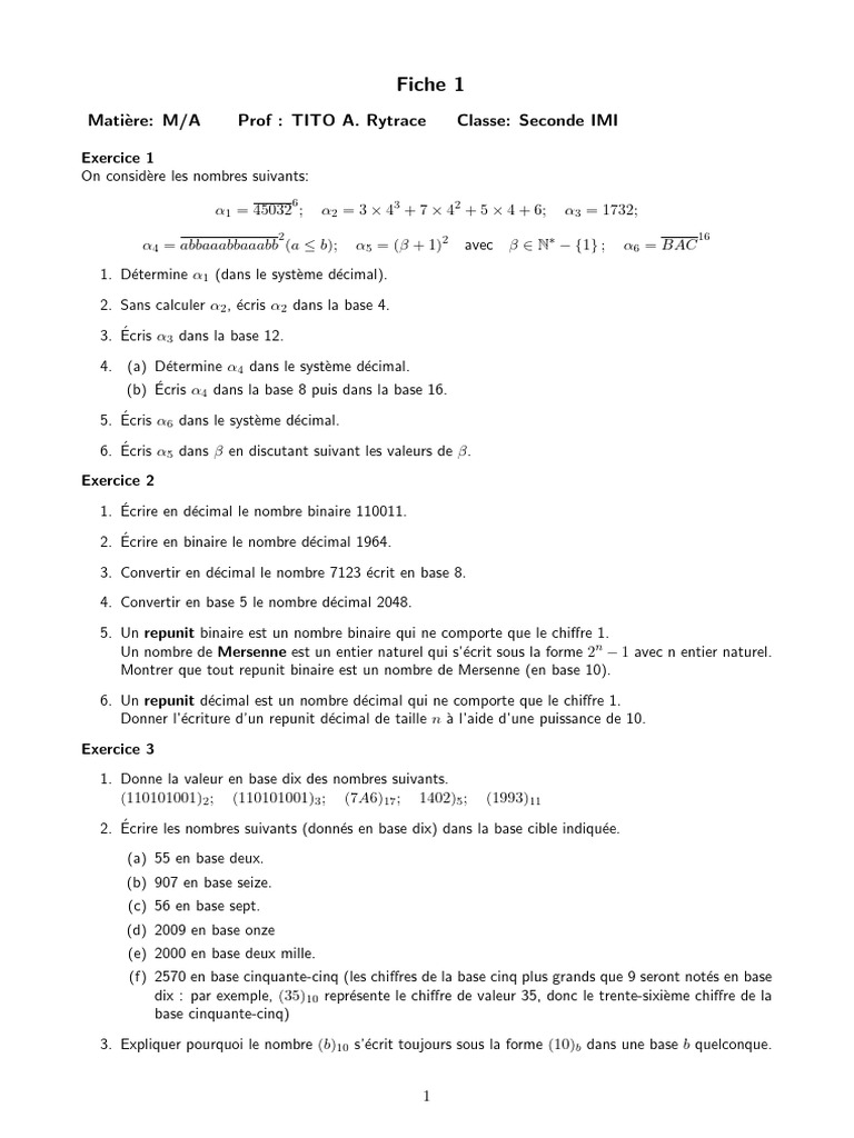 Exercices de conversion de bases numériques | PDF | Décimal | Notation