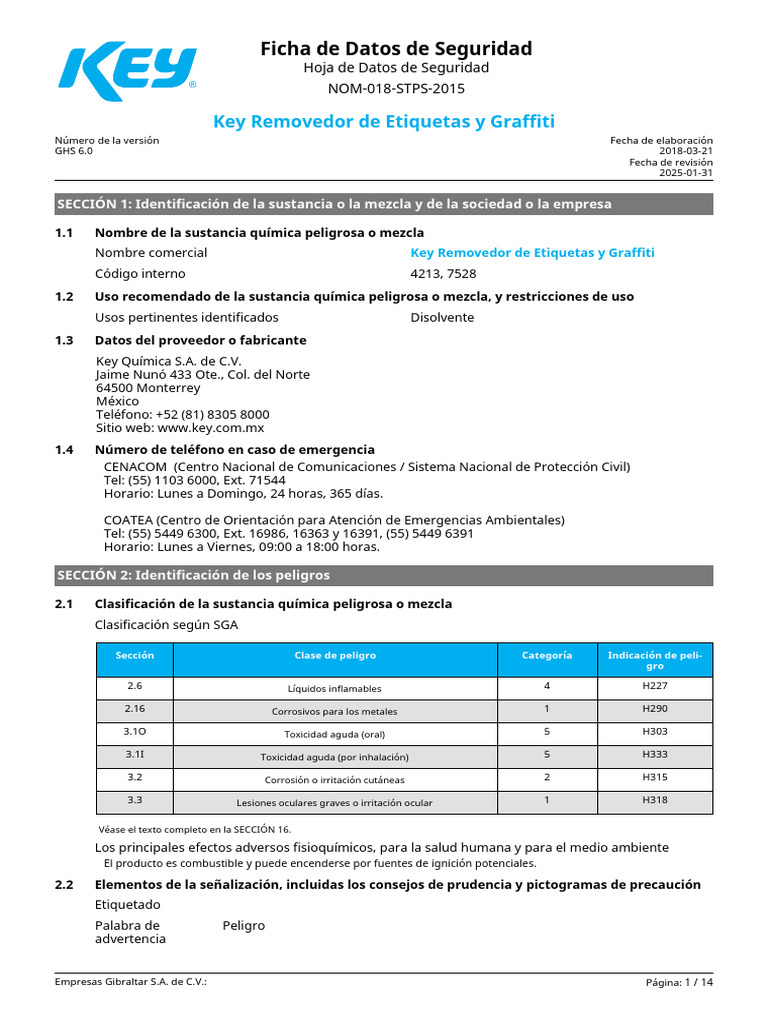 Ficha de Seguridad: Removedor Key | PDF | Combustión | Residuos