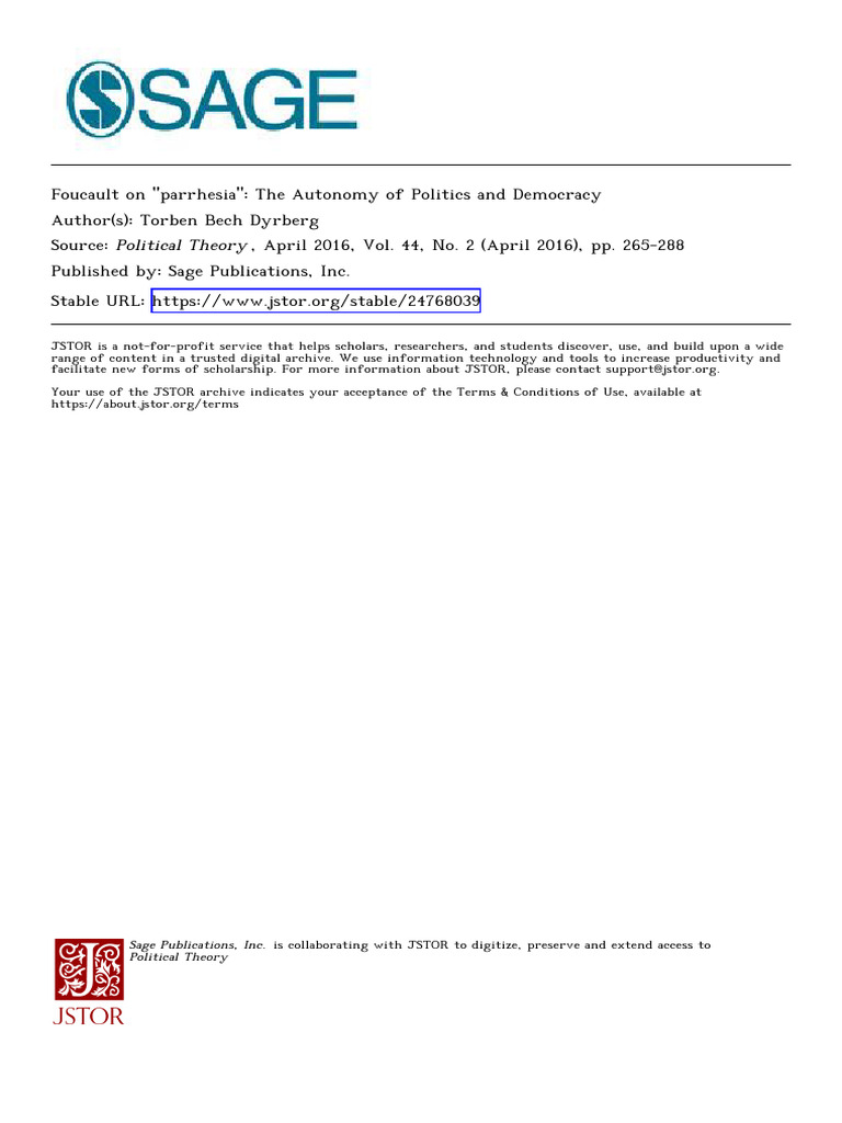 Foucault On Parrhesia The Autonomy of Politics and Democracy | PDF ...