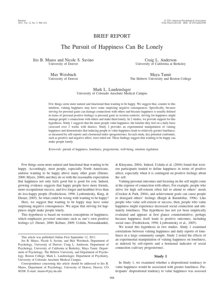 The Pursuit of Happiness Can Be Lonely | PDF | Happiness | Loneliness