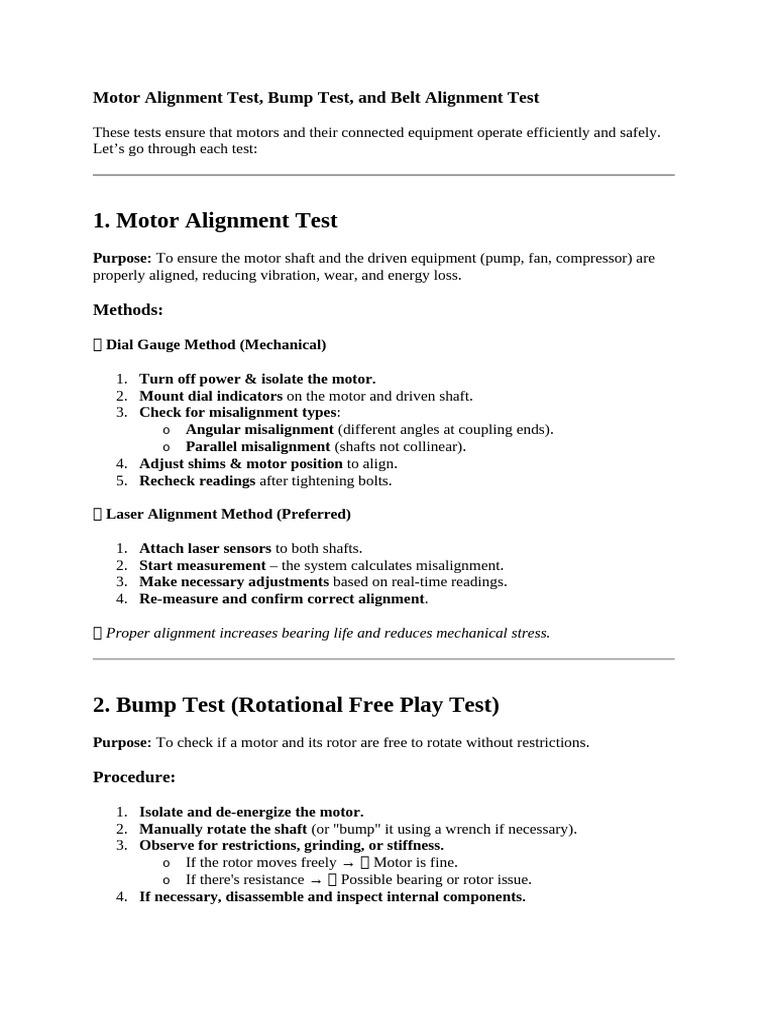 Motor and Bump Test Procedures | PDF | Belt (Mechanical) | Mechanical ...