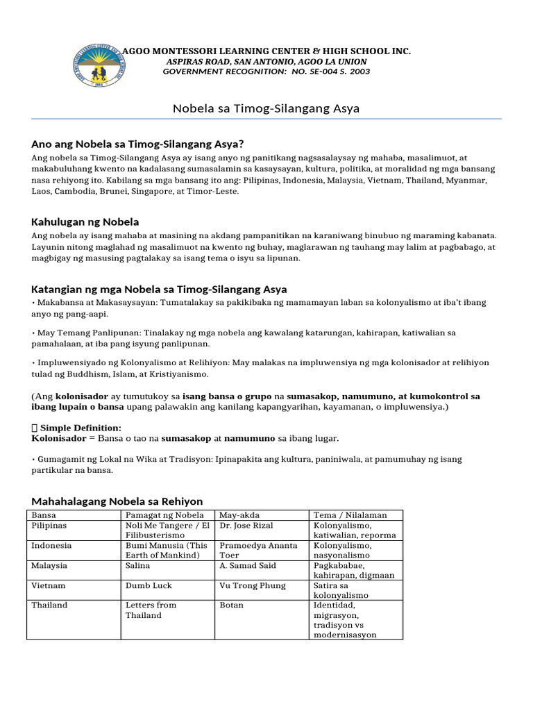 Nobela Sa Timog Silangang Asya | PDF