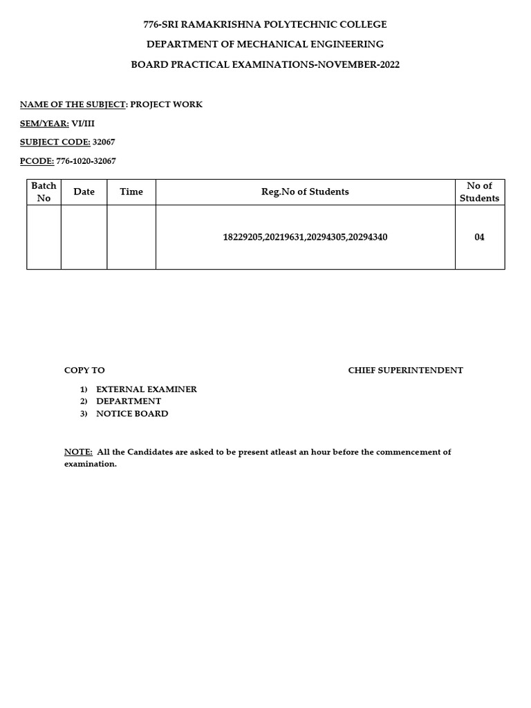 Mechanical Engineering Project Exam Schedule | PDF