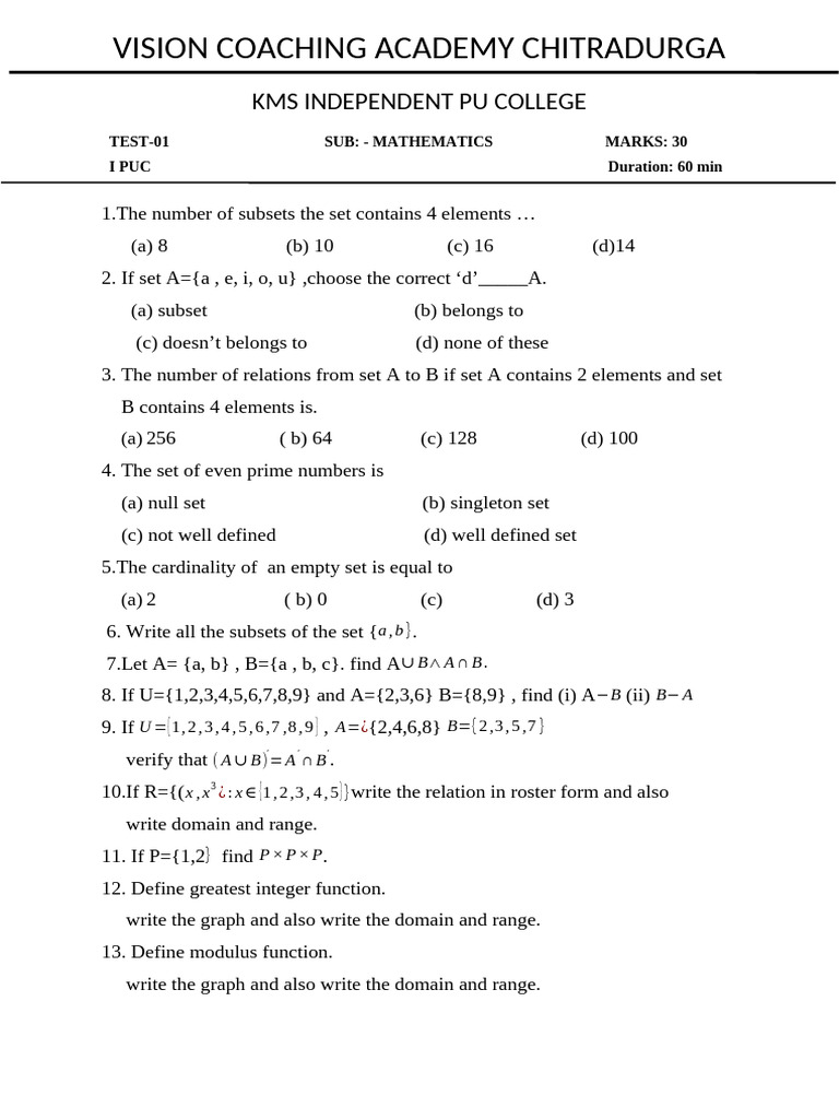 Mathematics Test for I PUC Students | PDF