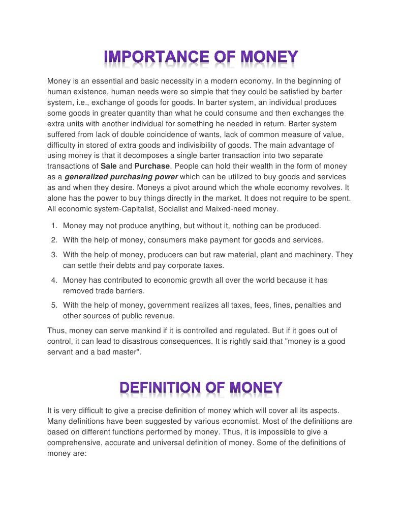 importance of money in business essay