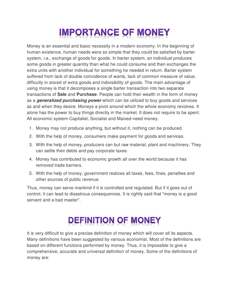 Importance of Money PDF Medium Of Exchange Value (Economics)