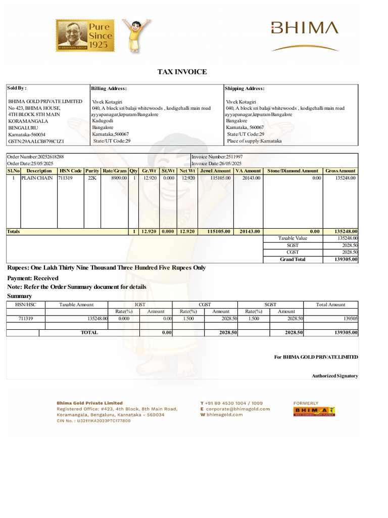 Tax Invoice: Rupees: One Lakh Thirty Nine Thousand Three Hundred Five ...
