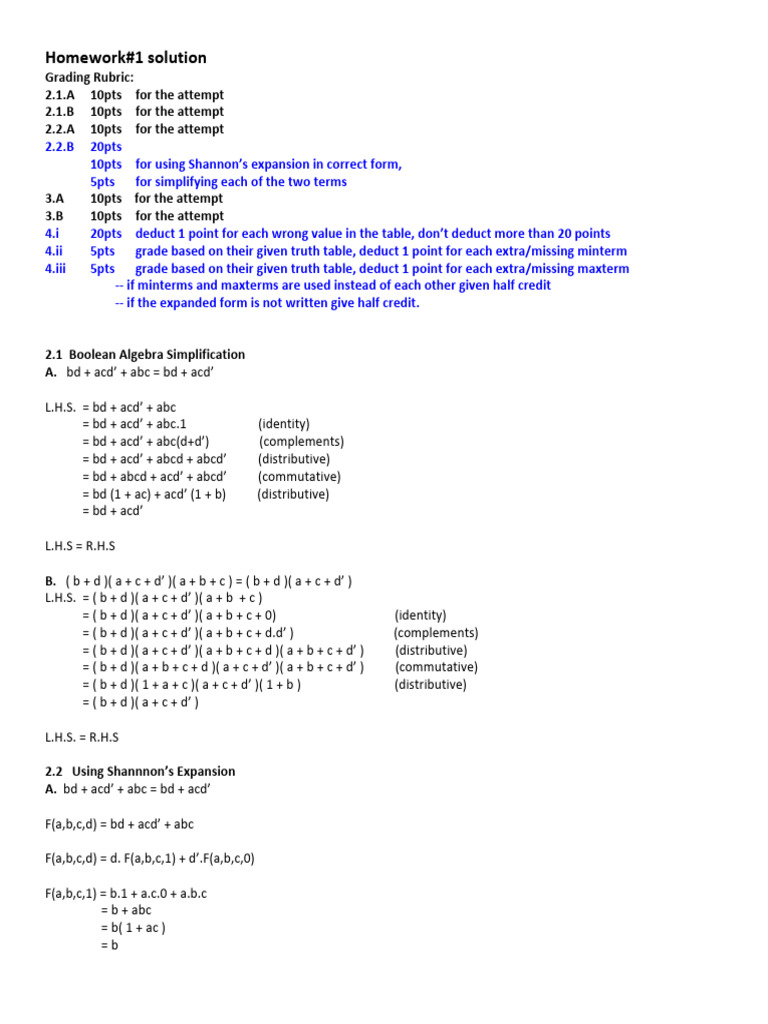 Homework1-Sol - HW1 Sol - 2.1 A - Bd+Acd+ABC Bd+Acd 2.1 B - (B+D) (A+c ...