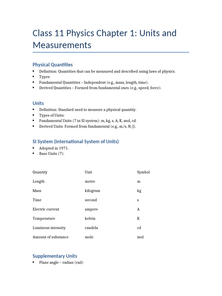 Class 11 Physics Ch1 Units and Measurements Notes | PDF | International ...