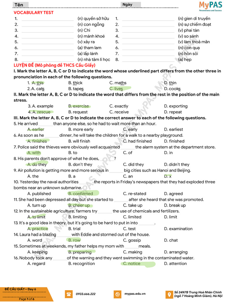 Vocabulary and Grammar Test Practice | PDF