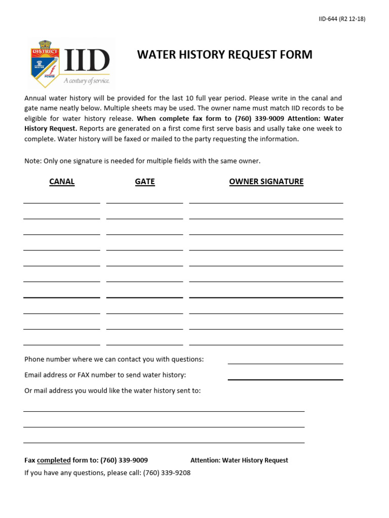 644 Water History Request Form (R2 12-18) | PDF