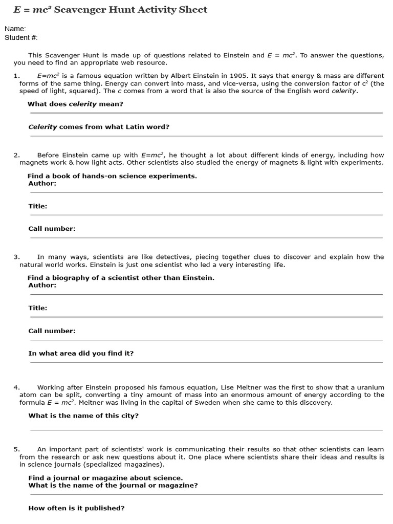 E=mc2 Scavenger Hunt Activity | PDF | Physics