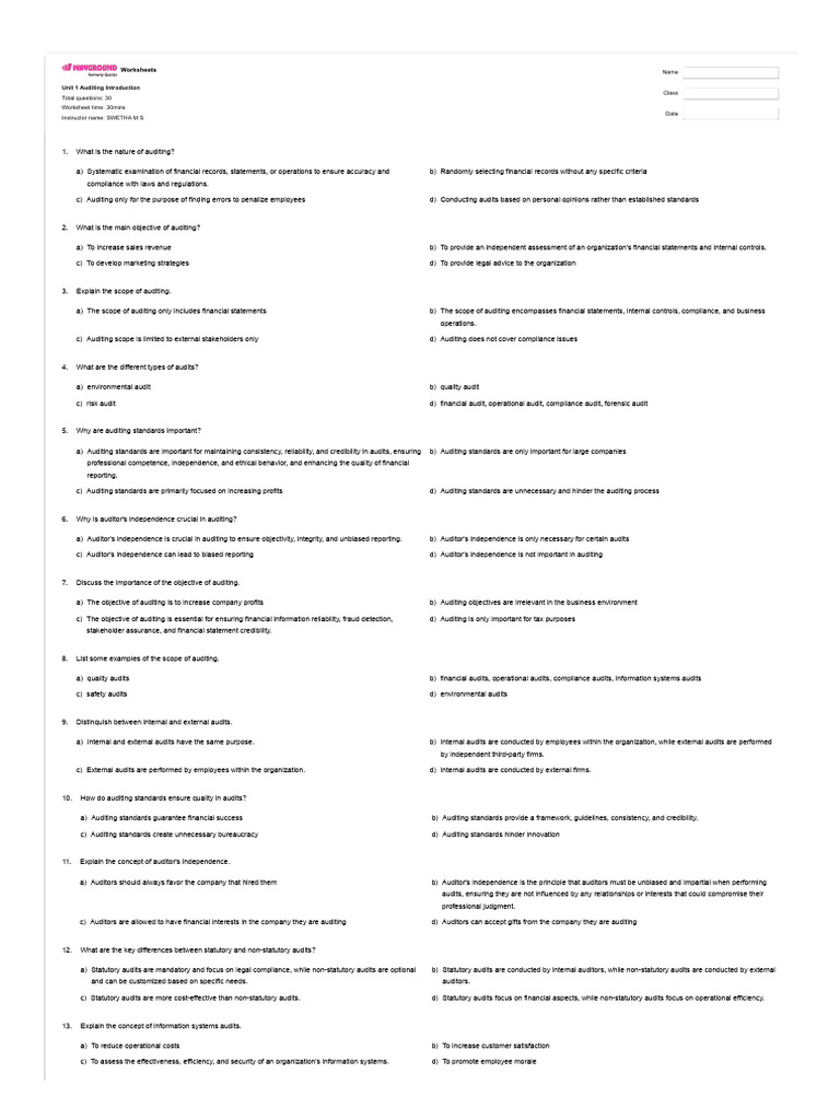 Unit 1 Auditing Introduction - Wayground | PDF | Audit | Financial Audit