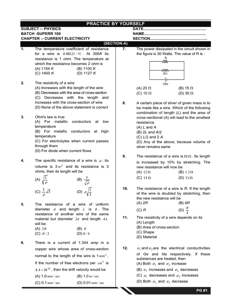 25 Questions on Current Electricity | PDF | Series And Parallel ...