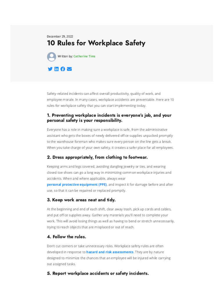 10 Essential Workplace Safety Rules | PDF | Occupational Safety And ...