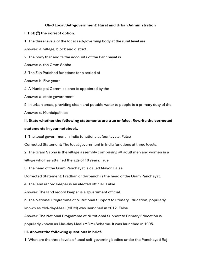 CH 3 Local Self Government | PDF | Government Of India | Government