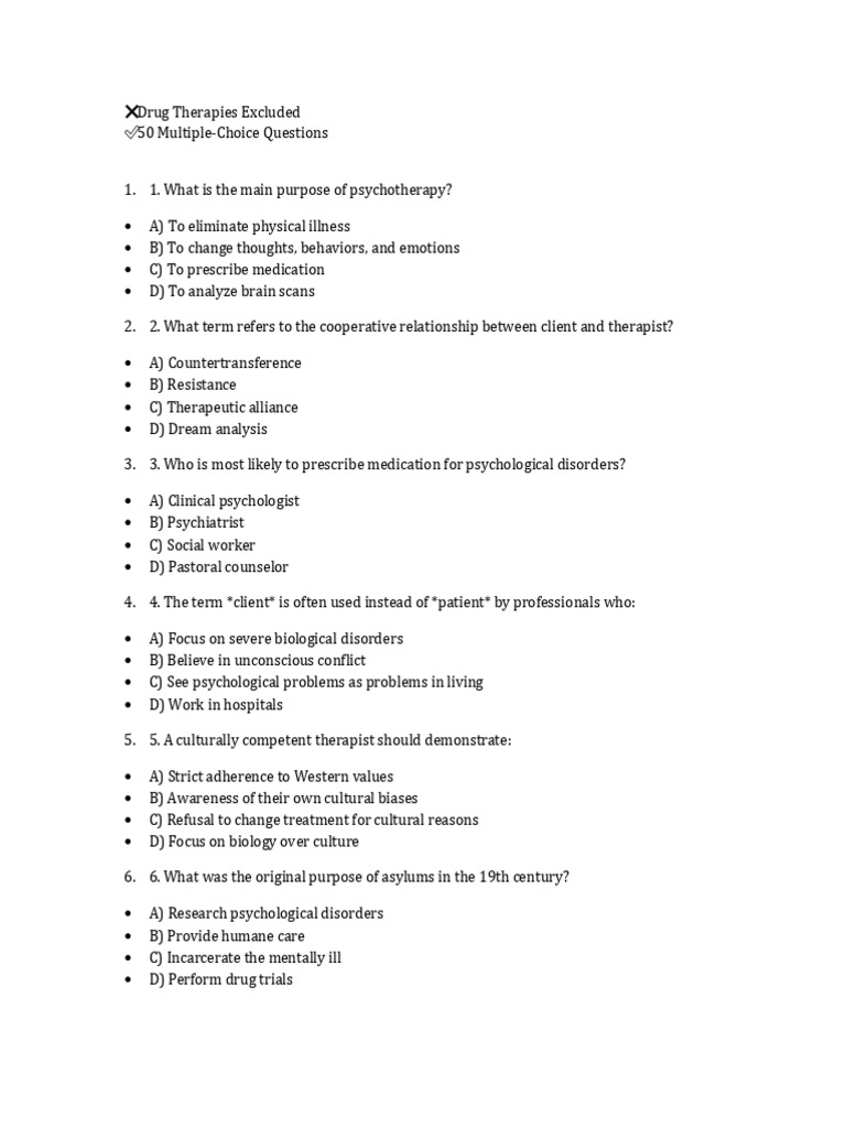 50 Psychotherapy Multiple-Choice Questions | PDF | Psychotherapy ...