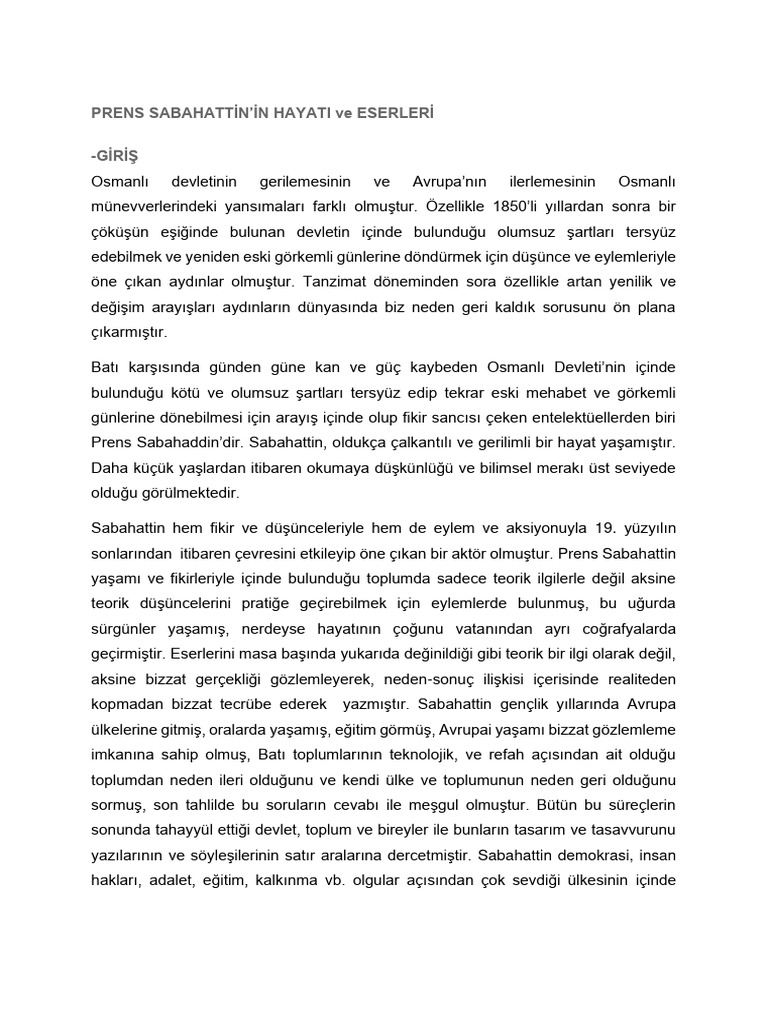 Prens Sabahattinin Hayati Ve Eserleri Gi | PDF