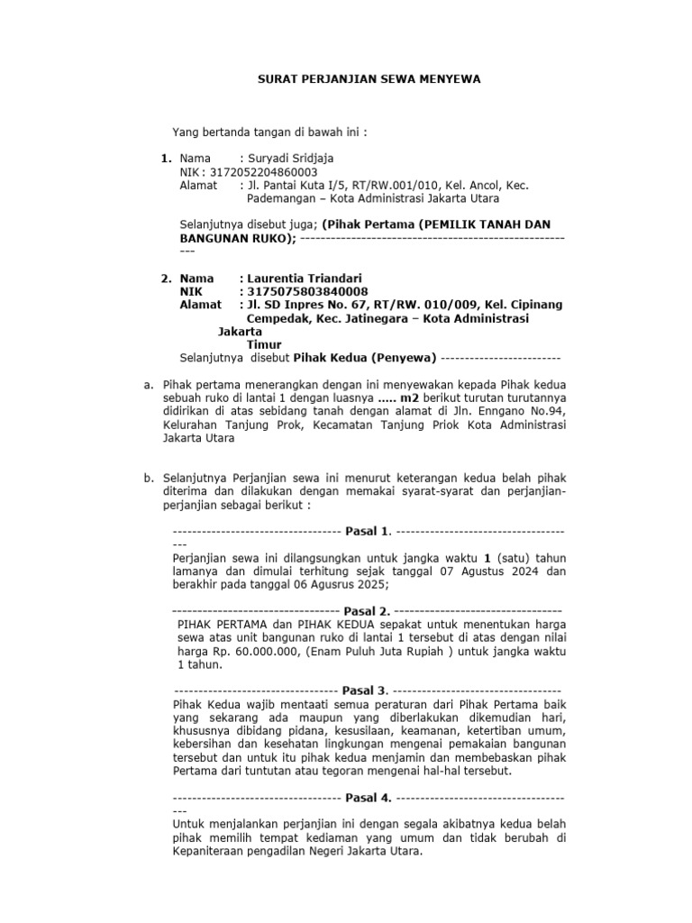 Surat Perjanjian Sewa Ruko Jakarta | PDF