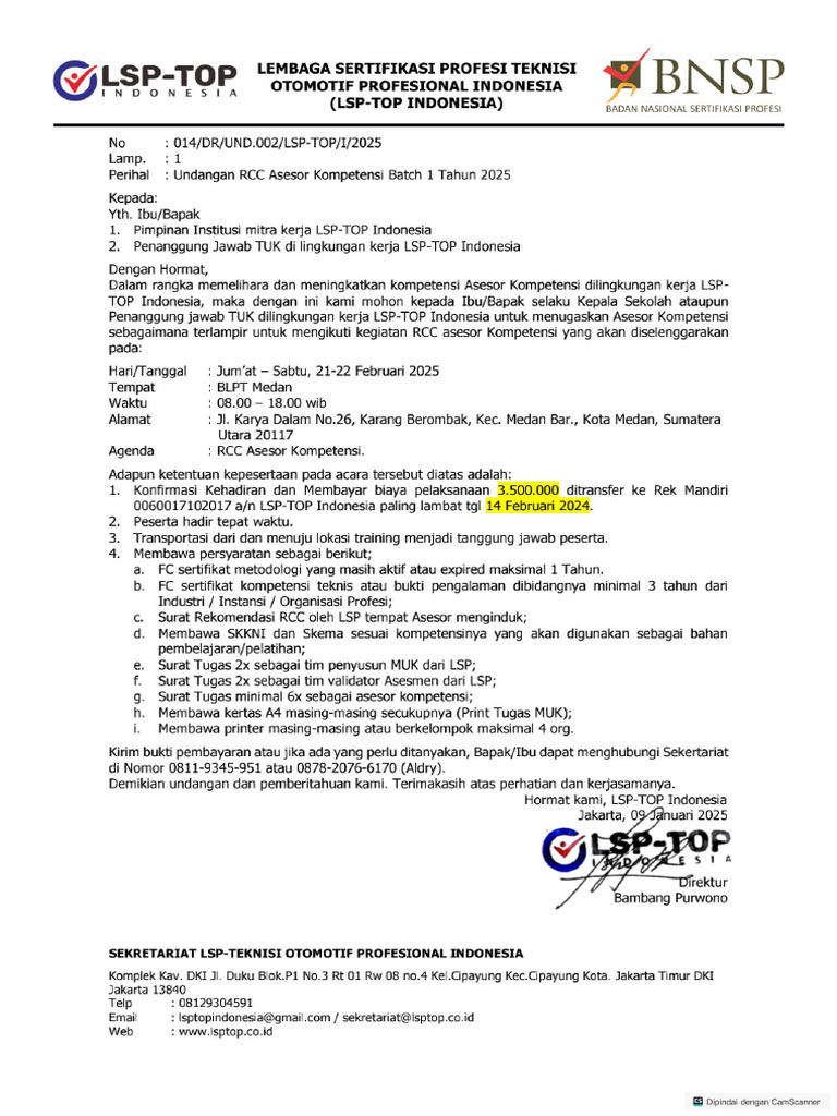 Undangan Upgrading Dan RCC Asesor Februari 2025-1 | PDF