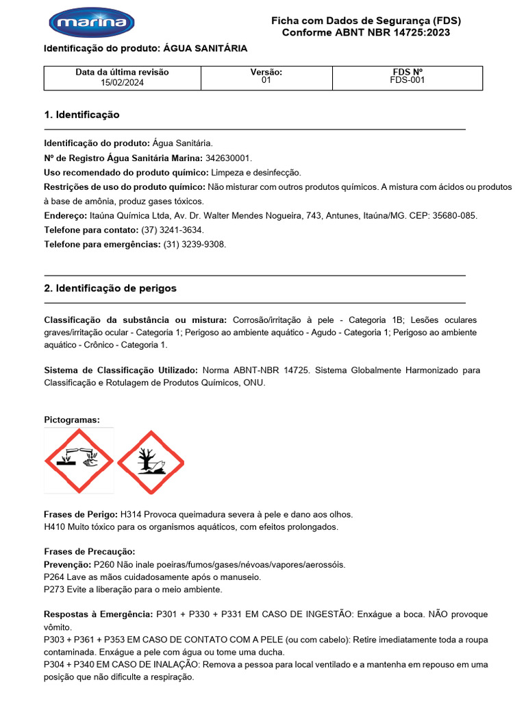 Ficha de Segurança: Água Sanitária | PDF
