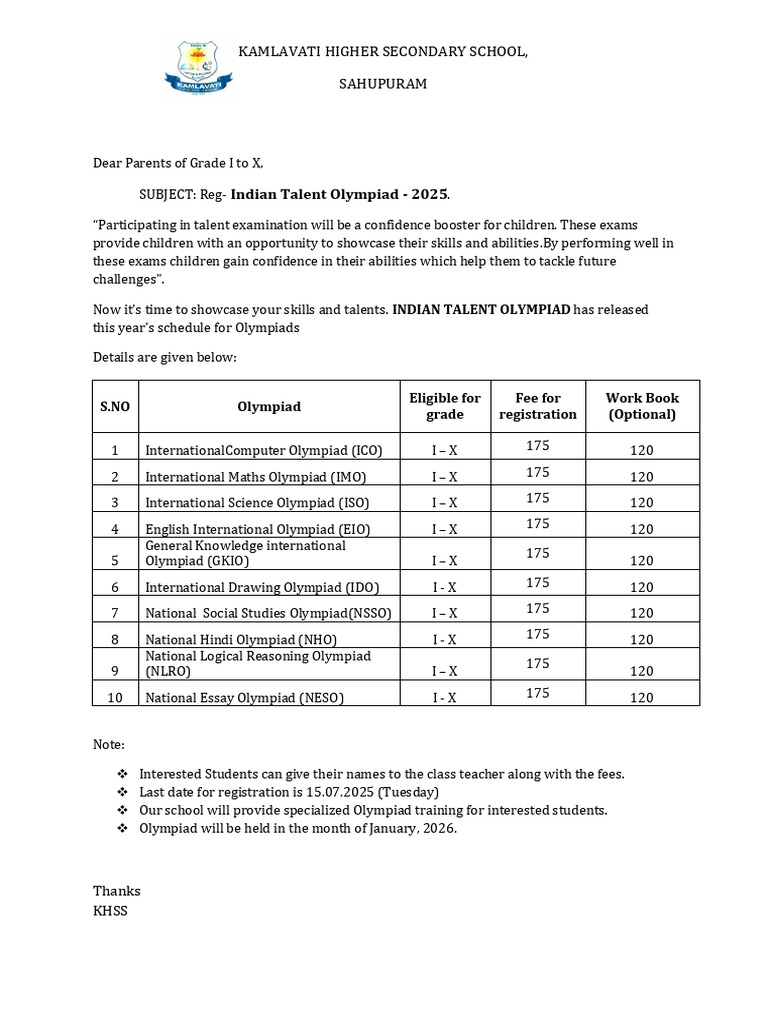 Indian Talent Olympiad 2025 Details | PDF