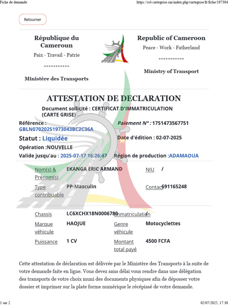 Attestation de déclaration de véhicule | PDF