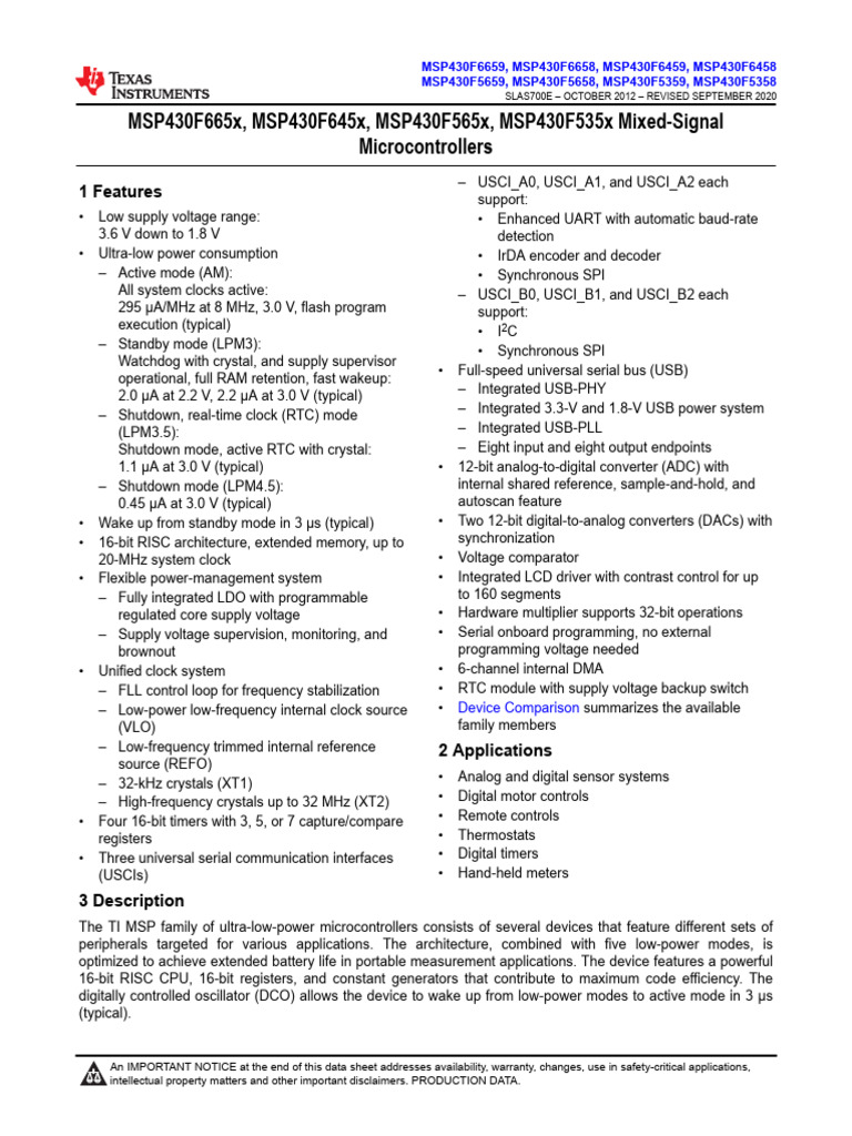 MSP430 Mixed-Signal Microcontrollers Overview | PDF | Analog To Digital ...
