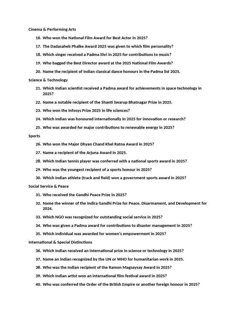 Current Imp Ques | PDF | Awards | Government Of India