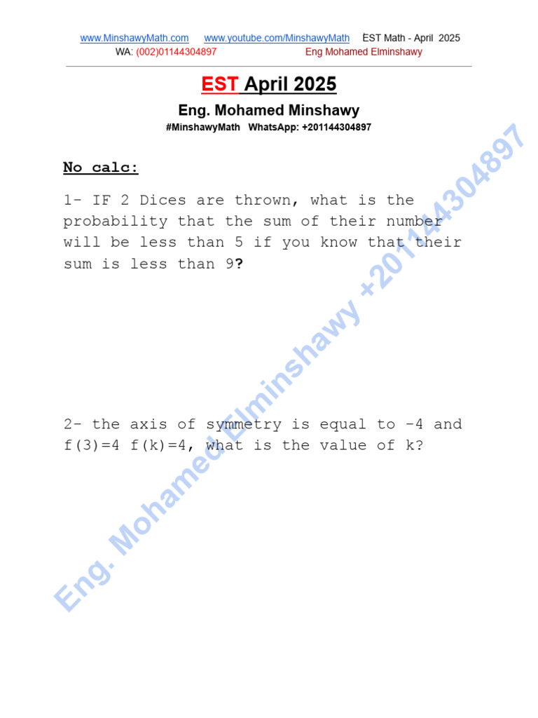 Mathematics Questions for EST April 2025 | PDF | Length | Geometry