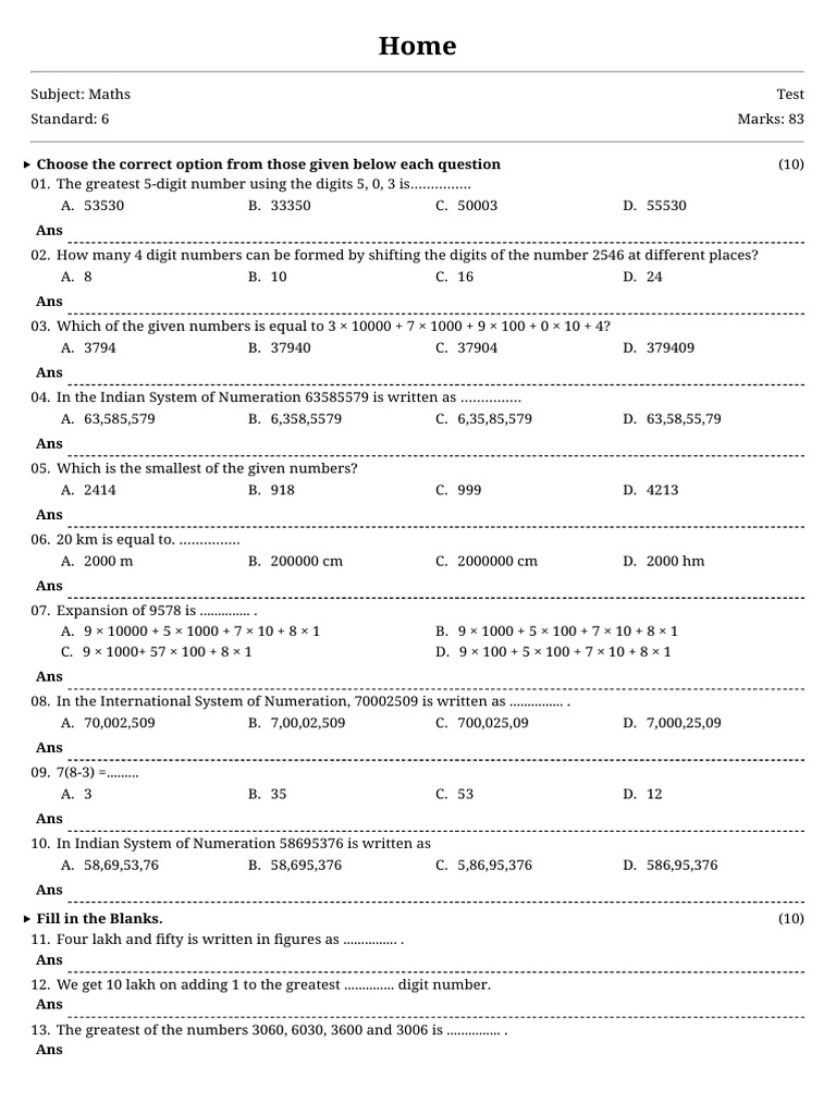 6th Grade Maths Test Questions and Answers | PDF | Mathematics