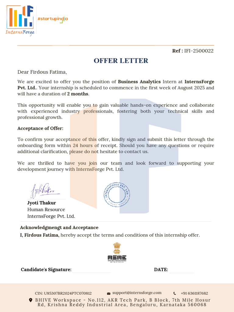 Business Analytics Intern Offer Letter | PDF